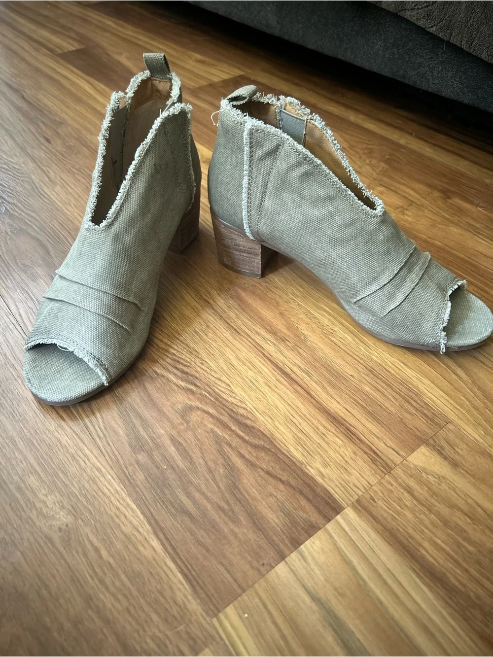 Very G Olive Open-Toe Frayed Ankle Booties
